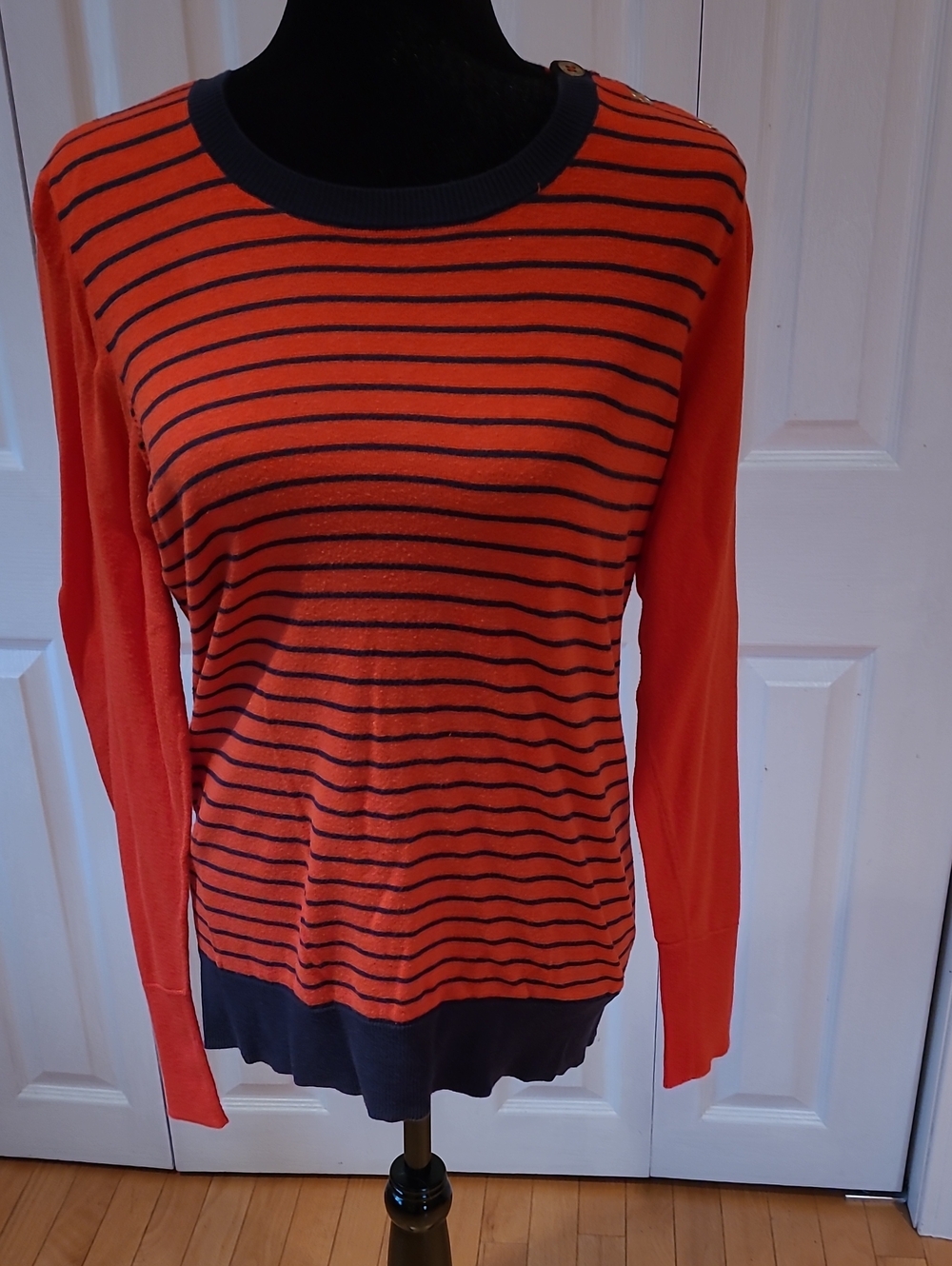 Nautica Orange and Navy Striped Long Sleeve Crewneck Sweater